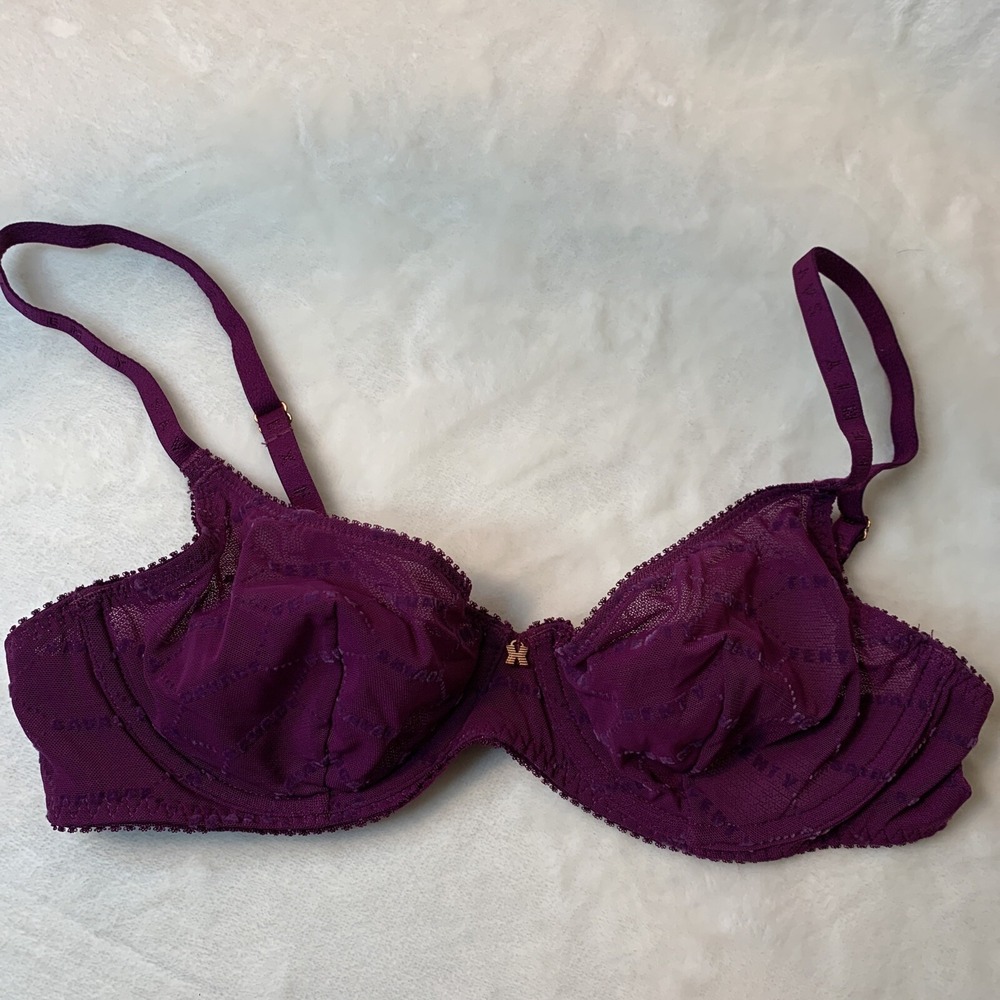 Savage x Fenty Flocked Logo Unlined Bra 34B Spell Out Purple Plum Magenta Sexy